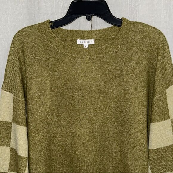 blu pepper XL Olive Moth Green Heather Knit Crew Checker Sleeve Boxy Sweater - Picture 7 of 15